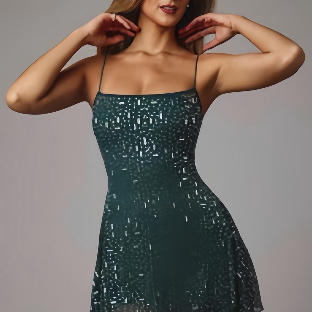 Sheer Embellished Scoop Neck Mini Dress In Emerald